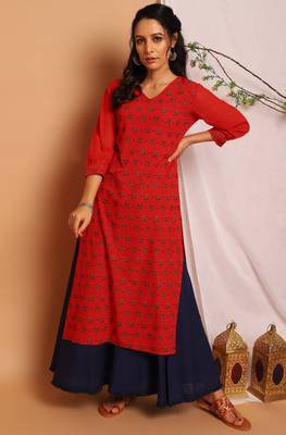 Janasya Red printed crepe kurta 1