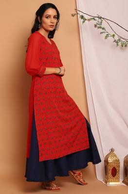 Janasya Red printed crepe kurta 3