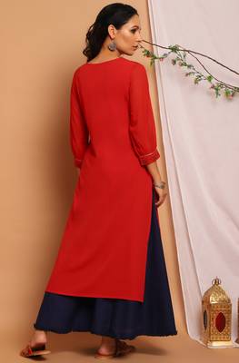 Janasya Red printed crepe kurta 4