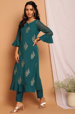 Teal green printed crepe kurta 1