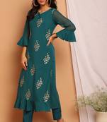 Teal green printed crepe kurta