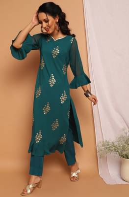 Teal green printed crepe kurta 2