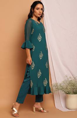 Teal green printed crepe kurta 3
