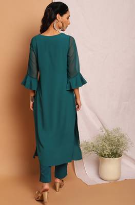 Teal green printed crepe kurta 4