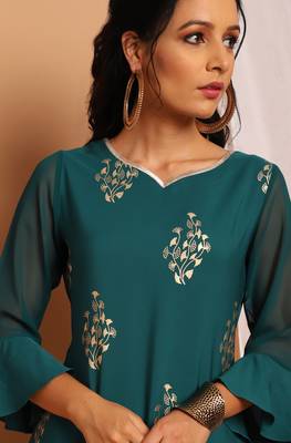 Teal green printed crepe kurta 5