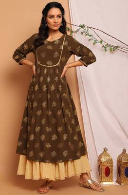 Olive printed crepe kurta 1