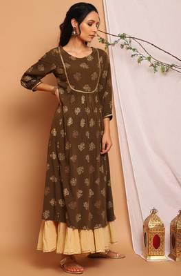 Olive printed crepe kurta 3