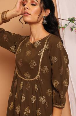 Olive printed crepe kurta 5
