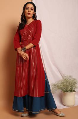 Janasya Maroon printed crepe kurta 1
