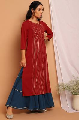 Janasya Maroon printed crepe kurta 3