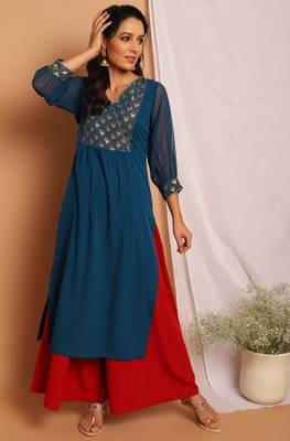 Teal printed crepe kurta 1