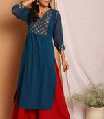 Teal printed crepe kurta