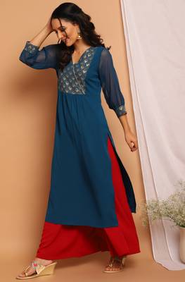 Teal printed crepe kurta 2