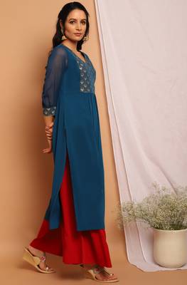 Teal printed crepe kurta 3
