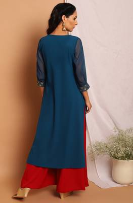 Teal printed crepe kurta 4