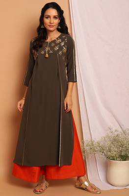 Janasya Olive printed crepe kurta 1