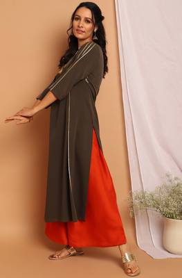 Janasya Olive printed crepe kurta 2