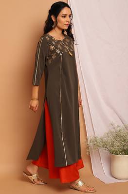 Janasya Olive printed crepe kurta 3