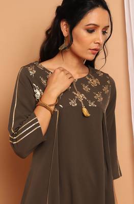 Janasya Olive printed crepe kurta 5