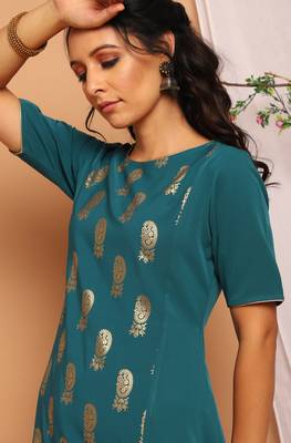 Teal green printed crepe kurta 5