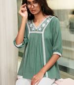 Green embroidered blended cotton cotton tops