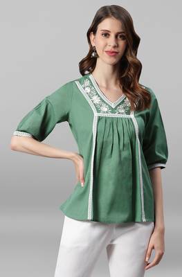 Green embroidered blended cotton cotton tops 2