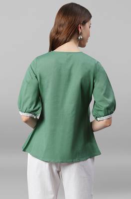 Green embroidered blended cotton cotton tops 4
