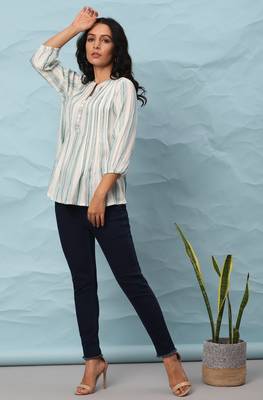 Janasya Off white printed viscose rayon party tops 1