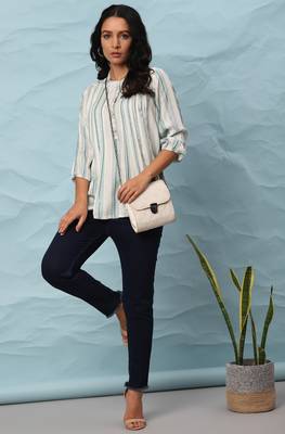 Janasya Off white printed viscose rayon party tops 2