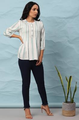 Janasya Off white printed viscose rayon party tops 3