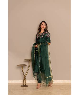 bottle green  chanderi stitched   Kurta WITH    Pant WITH     dupTTA 1