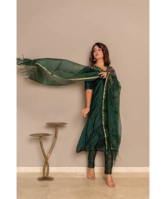 bottle green  chanderi stitched   Kurta WITH    Pant WITH     dupTTA 2