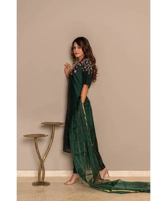 bottle green  chanderi stitched   Kurta WITH    Pant WITH     dupTTA 4
