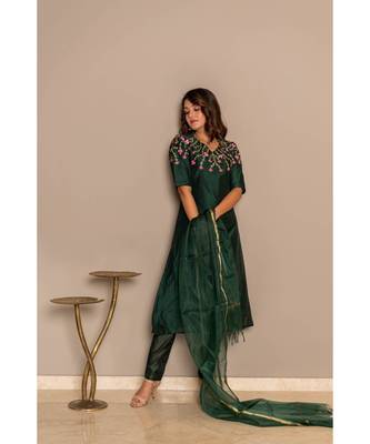 bottle green  chanderi stitched   Kurta WITH    Pant WITH     dupTTA 5