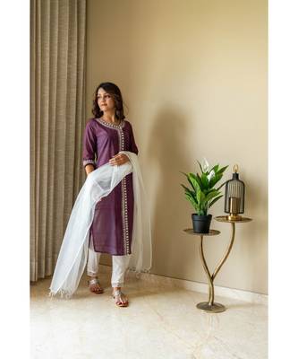 purple khadi cotton stitched   Kurta WITH    Pant WITH     dupTTA 2