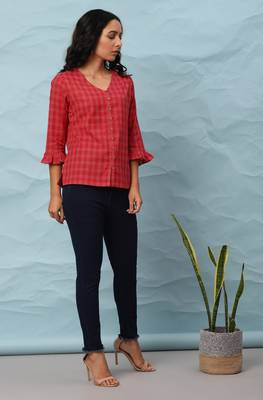 Red printed cotton cotton tops 3