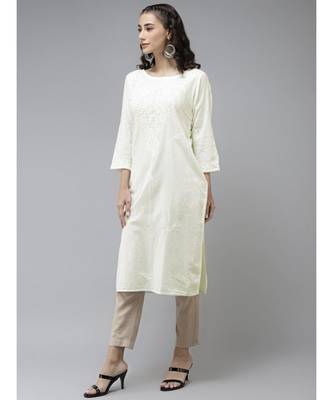 Ada Hand Embroidered Lemon Cotton Lucknow Chikan Women Kurta - A411171 3