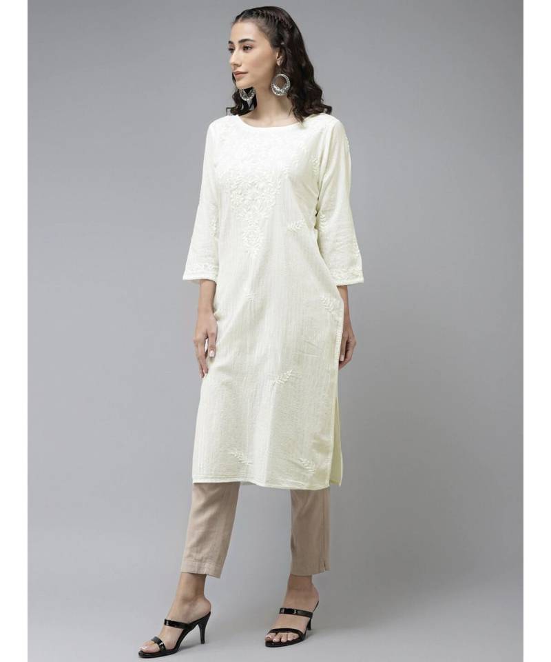 Ada Hand Embroidered Lemon Cotton Lucknow Chikan Women Kurta - A411171