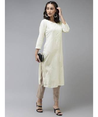 Ada Hand Embroidered Lemon Cotton Lucknow Chikan Women Kurta - A411171 4