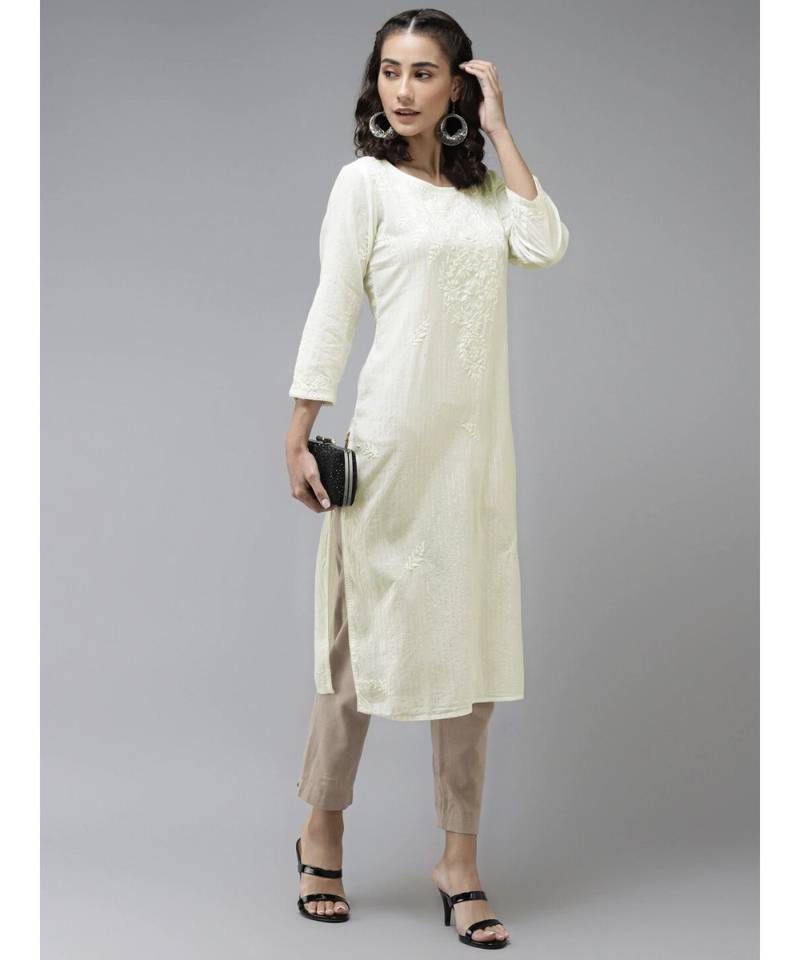 Ada Hand Embroidered Lemon Cotton Lucknow Chikan Women Kurta - A411171