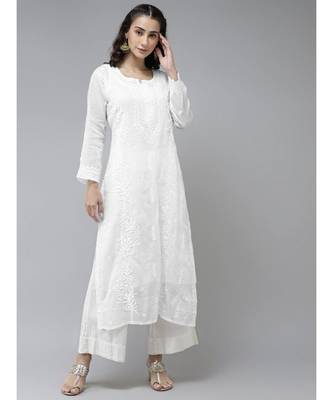 Hand Embroidered White Kota Lucknowi Chikankari Kurta With Slip 1