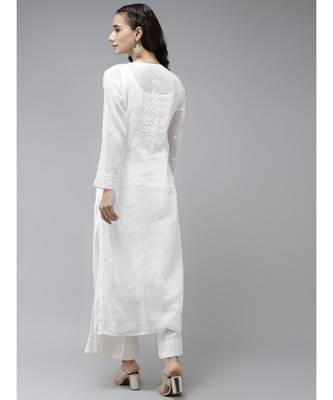 Hand Embroidered White Kota Lucknowi Chikankari Kurta With Slip 3