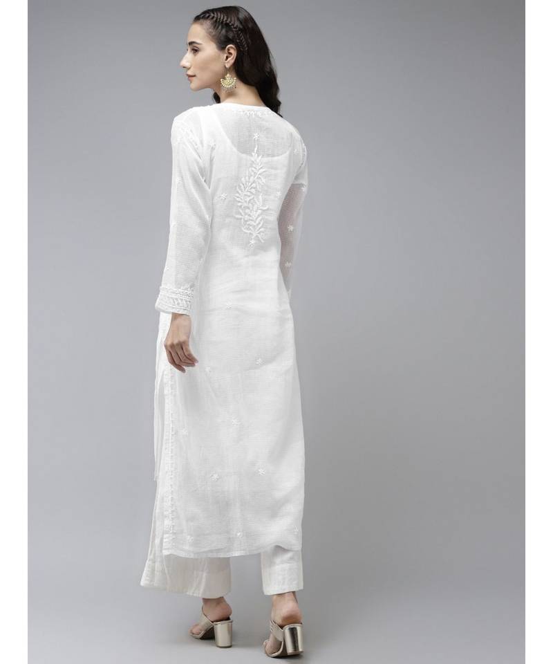 Hand Embroidered White Kota Lucknowi Chikankari Kurta With Slip