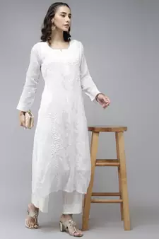 Hand Embroidered White Kota Lucknowi Chikankari Kurta With Slip