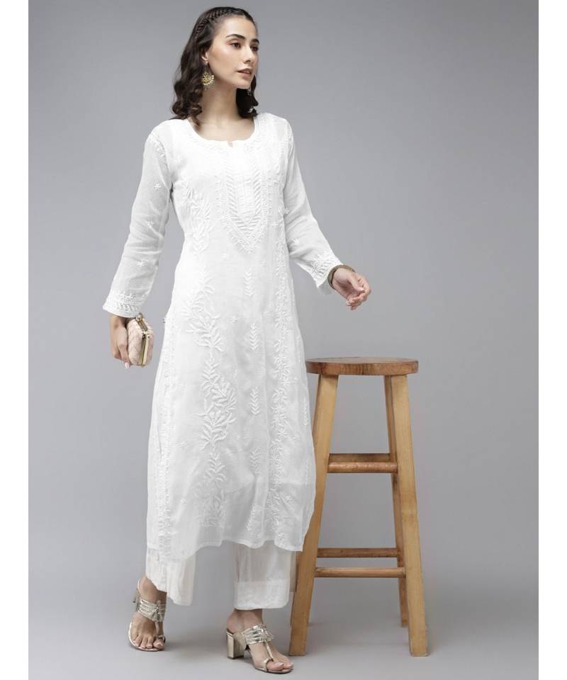 Hand Embroidered White Kota Lucknowi Chikankari Kurta With Slip
