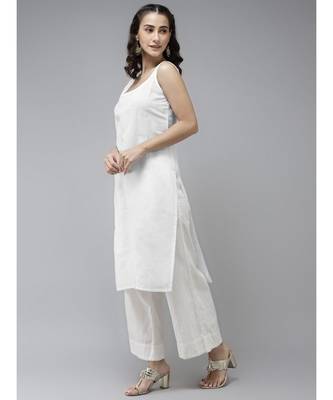 Hand Embroidered White Kota Lucknowi Chikankari Kurta With Slip 5