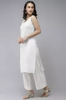 Hand Embroidered White Kota Lucknowi Chikankari Kurta With Slip