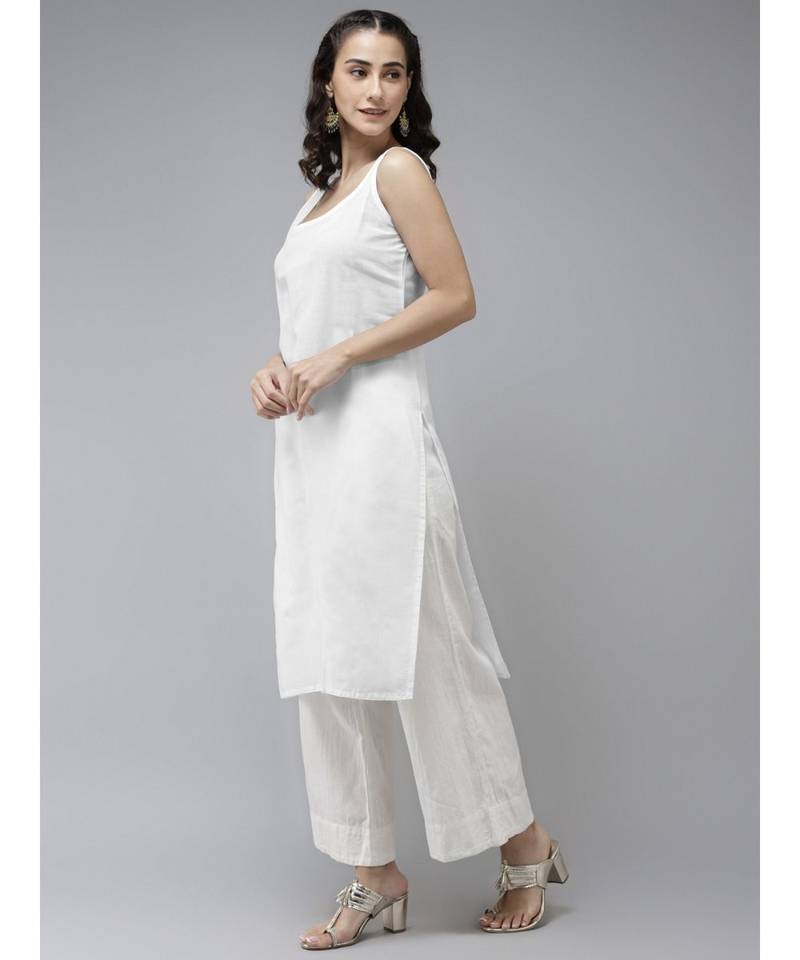 Hand Embroidered White Kota Lucknowi Chikankari Kurta With Slip