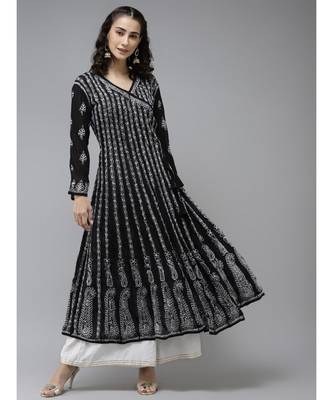 Ada Hand Embroidered Black Georgette Lucknow Chikankari Anarkali Kurta 1