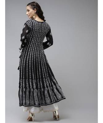 Ada Hand Embroidered Black Georgette Lucknow Chikankari Anarkali Kurta 2